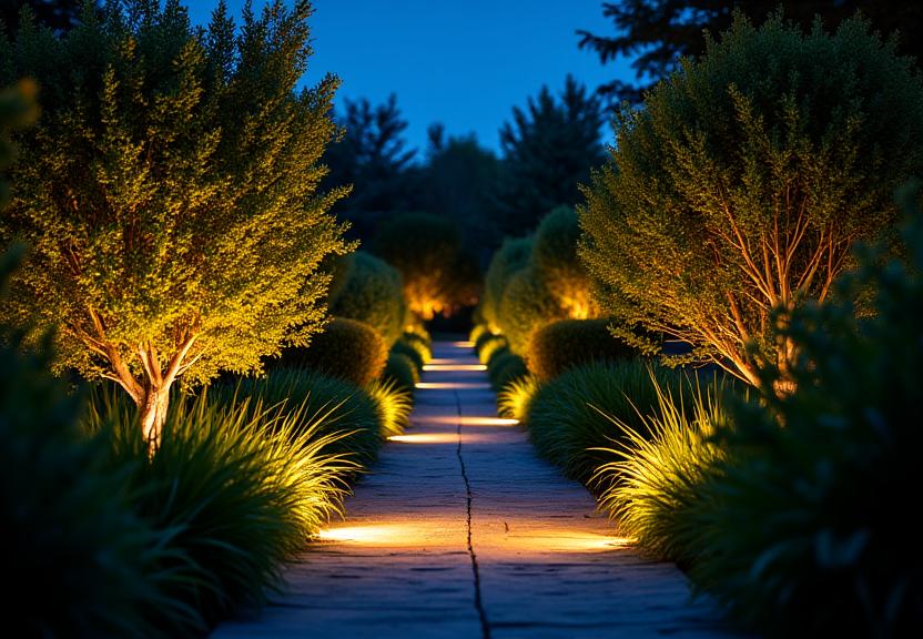 Jardín con iluminación LED nocturna y senderos iluminados
