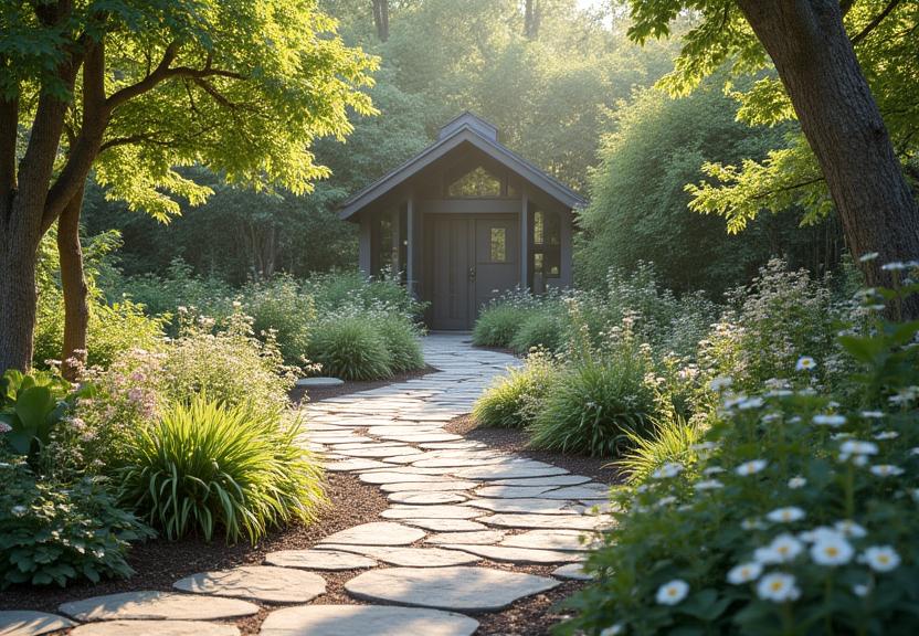 Jardín terapéutico con plantas aromáticas y senderos accesibles