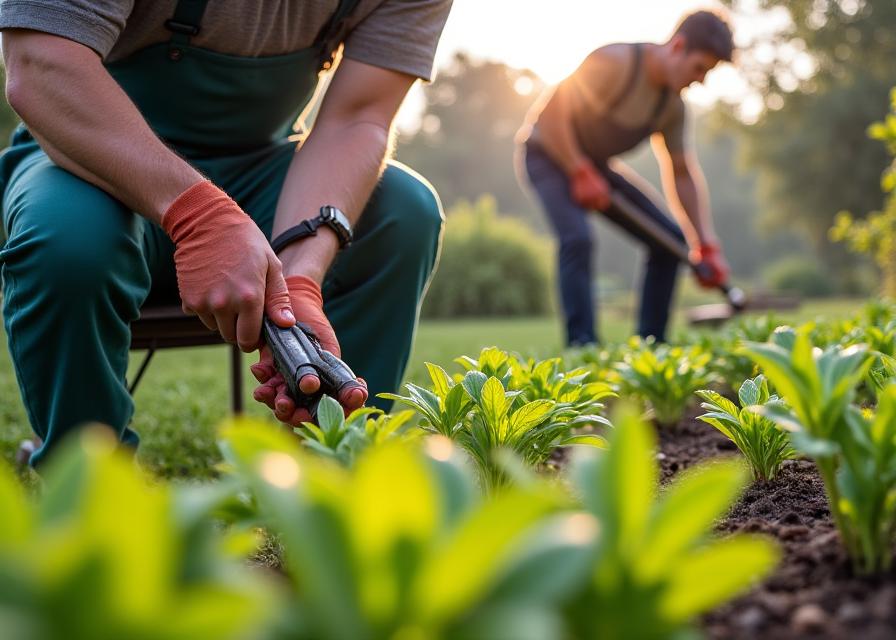 Equipo profesional realizando mantenimiento integral de jardín